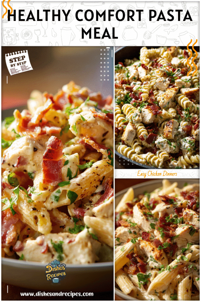 Lightened-up chicken bacon ranch pasta with fresh herbs and creamy sauce for healthy dinner ideas.